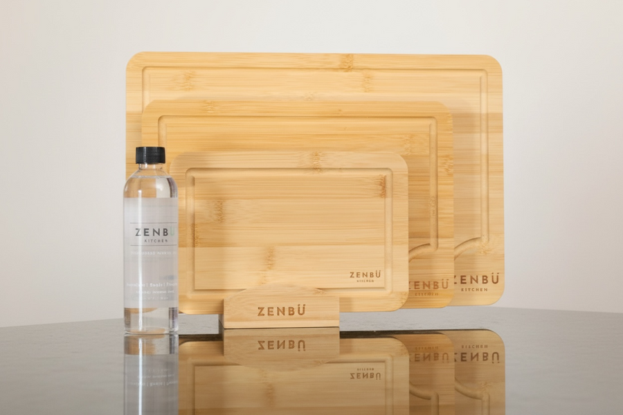 Zenbu Kitchen Bamboo Cutting Board Bundle – 3-Pack Cutting Boards (Light) + Bamboo Stand + Food-Grade Mineral Oil