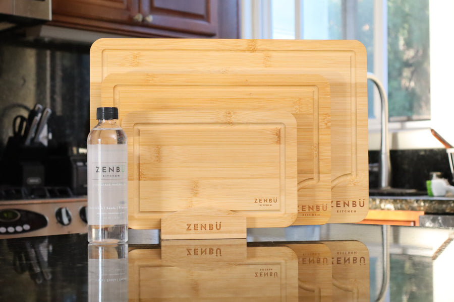 Zenbu Kitchen Bamboo Cutting Board Bundle – 3-Pack Cutting Boards (Light) + Bamboo Stand + Food-Grade Mineral Oil