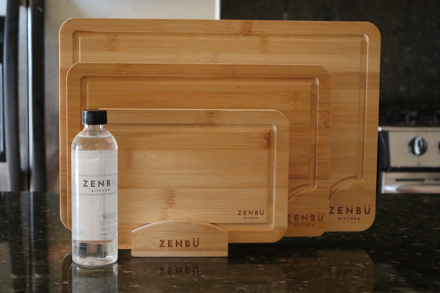 Zenbu Kitchen Bamboo Cutting Board Bundle – 3-Pack Cutting Boards (Light) + Bamboo Stand + Food-Grade Mineral Oil