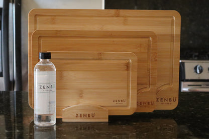 Zenbu Kitchen Bamboo Cutting Board Bundle – 3-Pack Cutting Boards (Light) + Bamboo Stand + Food-Grade Mineral Oil