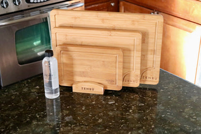 Zenbu Kitchen Bamboo Cutting Board Bundle – 3-Pack Cutting Boards (Light) + Bamboo Stand + Food-Grade Mineral Oil