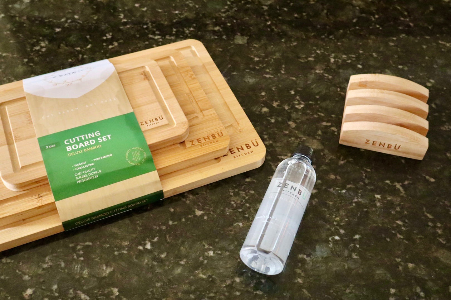 Zenbu Kitchen Bamboo Cutting Board Bundle – 3-Pack Cutting Boards (Light) + Bamboo Stand + Food-Grade Mineral Oil