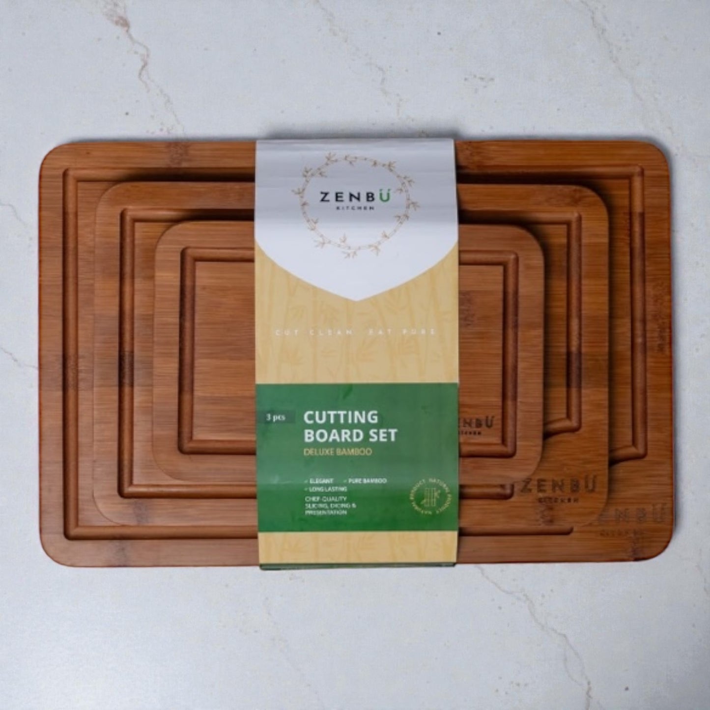 Zenbu Kitchen Bamboo Cutting Board Set – 3-Pack (Dark Bamboo)